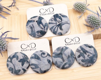 Kimono Fabric Stud Earrings, Handmade One of a Kind Jewellery for Any Occasion, Extra Large Size 6: 38mm Diameter, Morning Mist Collection