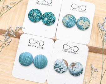 Kimono Fabric Stud Earrings, Handmade One of a Kind Jewellery for Any Occasion, Medium Size 4: 23mm Diameter, Ocean View Collection