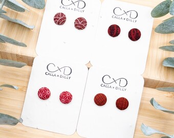 Kimono Fabric Stud Earrings, Handmade One of a Kind Jewellery for Any Occasion, Extra Small Size 1: 13mm Diameter, Pomegranate Collection