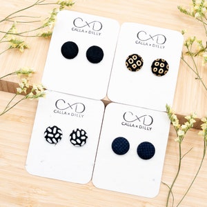Kimono Fabric Stud Earrings, Handmade One of a Kind Jewellery for Any Occasion, Small Size 2: 15mm Diameter, Black Tie Collection