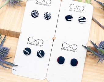 Kimono Fabric Stud Earrings, Handmade One of a Kind Jewellery for Any Occasion, Extra Small Size 1: 13mm Diameter, Raven Feather Collection