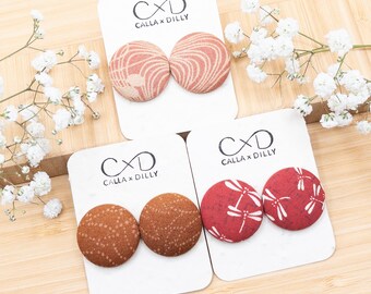 Kimono Fabric Stud Earrings, Handmade One of a Kind Jewellery for Any Occasion, Large Size 5: 29mm Diameter, Coral Collection