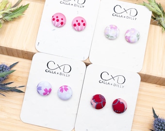 Kimono Fabric Stud Earrings, Handmade One of a Kind Jewellery for Any Occasion, Small Size 2: 15mm Diameter, Rose Quartz Collection
