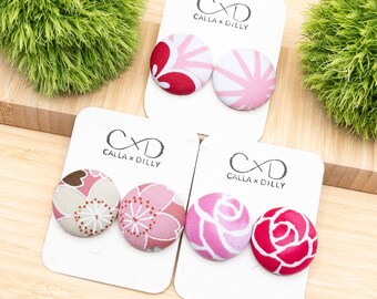 Kimono Fabric Stud Earrings, Handmade One of a Kind Jewellery for Any Occasion, Large Size 5: 29mm Diameter, Primrose Collection