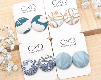 Kimono Fabric Stud Earrings, Handmade One of a Kind Jewellery for Any Occasion, Large Size 5: 29mm Diameter, Aqua Pearl Collection