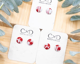 Kimono Fabric Stud Earrings, Handmade One of a Kind Jewellery for Any Occasion, Extra Small Size 1: 13mm Diameter, Red Hyacinth Collection