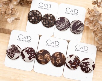 Kimono Fabric Stud Earrings, Handmade One of a Kind Jewellery for Any Occasion, Large Size 5: 29mm Diameter, Red Oak Collection