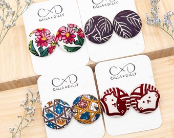 Kimono Fabric Stud Earrings, Handmade One of a Kind Jewellery for Any Occasion, Large Size 5: 29mm Diameter, Midday Collection