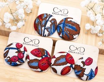 Kimono Fabric Stud Earrings, Handmade One of a Kind Jewellery for Any Occasion, Extra Large Size 6: 38mm Diameter, Winterberry Collection