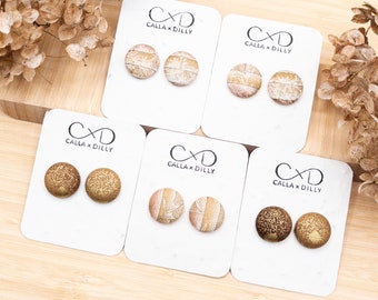 Kimono Fabric Stud Earrings, Handmade One of a Kind Jewellery for Any Occasion, Small Size 3: 18mm Diameter, Gold Bamboo Collection