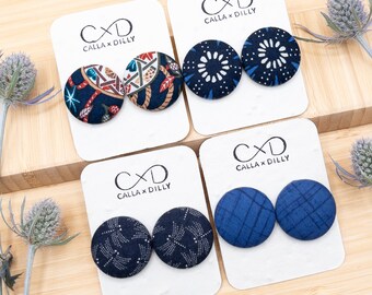 Kimono Fabric Stud Earrings, Handmade One of a Kind Jewellery for Any Occasion, Large Size 5: 29mm Diameter, Night Sky Collection