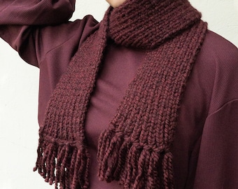 Thick Cozy Handknit Scarf for Winter Weather, Burgundy Scarf with Fringe and Ribbed Pattern