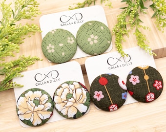 Kimono Fabric Stud Earrings, Handmade One of a Kind Jewellery for Any Occasion, Extra Large Size 6: 38mm Diameter, Grass Meadow Collection