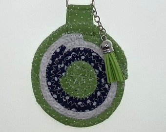 Keychain made of Fabric wrapped Rope Green, Blue and White