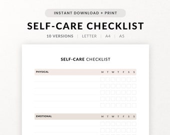 Self Care Checklist, Daily Wellbeing, Self-Care Planner, Selfcare Journal Tracker, Wellness Planner Printable, Mindfulness Mental Health Kit