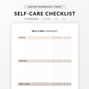 Self Care Checklist, Daily Wellbeing, Self-Care Planner, Selfcare Journal Tracker, Wellness Planner Printable, Mindfulness Mental Health Kit