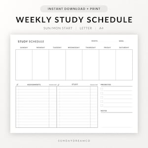 May include: A black and white printable weekly study schedule template with sections for Sunday through Saturday, assignments, deadlines, study, deadlines, priorities, and notes.