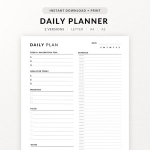Könnte beinhalten: Ein schwarz-weißer Tagesplaner zum Ausdrucken mit Abschnitten für "Heute bin ich dankbar für", "Ziele für heute", "Prioritäten", "Zu tun" und "Notizen". Er enthält auch einen Zeitplanabschnitt mit Zeitfenstern von 5:00 Uhr morgens bis 23:00 Uhr abends.