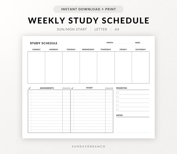Study Weekly Planner Printable, Minimalist Study Schedule, Weekly Organizer, Printable Desk Planner, Academic Planner Printable, A4/Letter