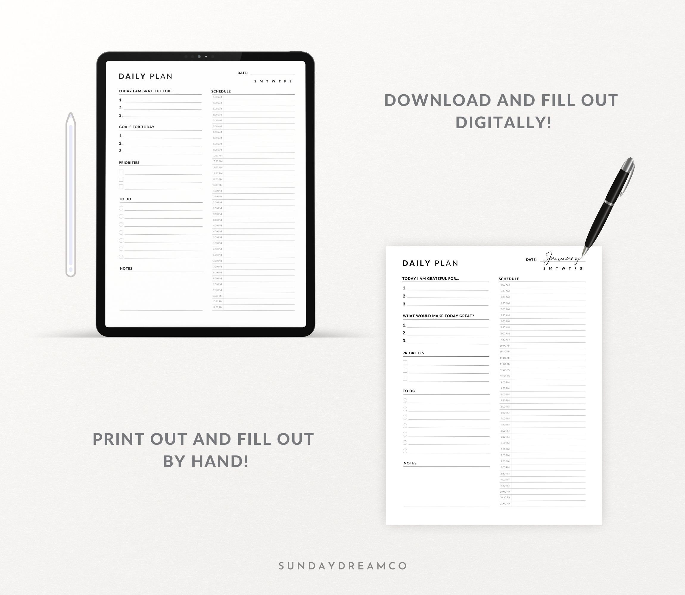 Productivity Planner, Fillable Hourly Planner Printable, Daily to Do ...