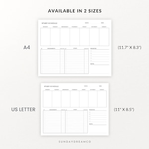 Op de afbeelding: Twee zwart-witte printbare studieplanningssjablonen. De bovenste sjabloon is gemarkeerd met "A4" en meet 29,7 cm bij 21 cm. De onderste sjabloon is gemarkeerd met "US Letter" en meet 27,9 cm bij 21,6 cm. Beide sjablonen hebben kolommen voor maandag tot en met zondag, met secties voor opdrachten, deadlines, studie en prioriteiten.