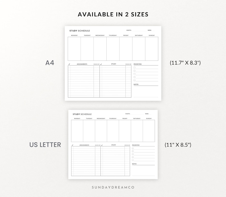 Op de afbeelding: Twee zwart-witte printbare studieplanningssjablonen. De bovenste sjabloon is gemarkeerd met "A4" en meet 29,7 cm bij 21 cm. De onderste sjabloon is gemarkeerd met "US Letter" en meet 27,9 cm bij 21,6 cm. Beide sjablonen hebben kolommen voor maandag tot en met zondag, met secties voor opdrachten, deadlines, studie en prioriteiten.