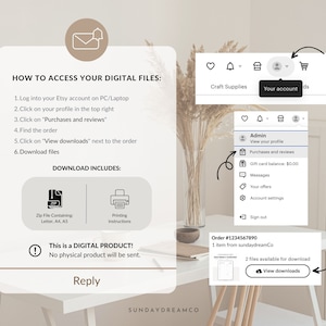 Op de afbeelding: Een gids voor het downloaden van digitale bestanden voor Etsy-kopers. De gids laat zien hoe je toegang krijgt tot digitale bestanden die je op Etsy hebt gekocht. De gids bevat een screenshot van de Etsy-website met de stappen om digitale bestanden te downloaden. De gids bevat ook een screenshot van een bevestiging van een bestelling voor een digitale download.