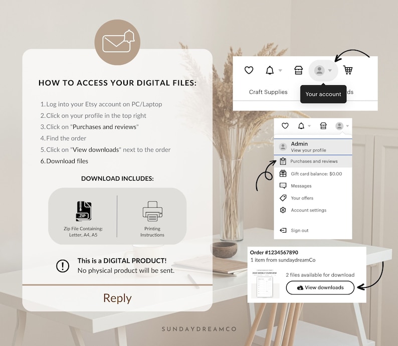Op de afbeelding: Een gids voor het downloaden van digitale bestanden voor Etsy-kopers. De gids laat zien hoe je toegang krijgt tot digitale bestanden die je op Etsy hebt gekocht. De gids bevat een screenshot van de Etsy-website met de stappen om digitale bestanden te downloaden. De gids bevat ook een screenshot van een bevestiging van een bestelling voor een digitale download.