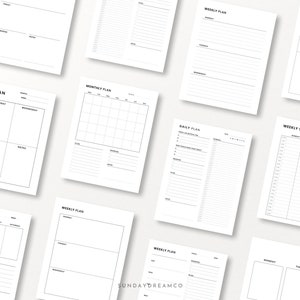 Op de afbeelding: Een set met printbare plannerpagina's in zwart-wit. De pagina's bevatten een wekelijkse planning, een dagelijkse planner, een maandelijkse kalender en wekelijkse plan sjablonen.