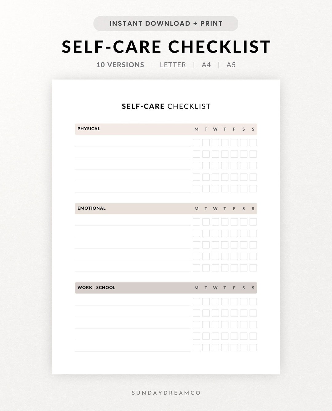 Self Care Checklist, Daily Wellbeing, Self-care Planner, Selfcare ...