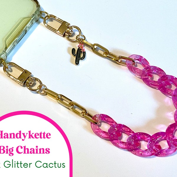 Handykette Glitter Pink Cactus aus großen transparenten Acryl Chains in Glitzer Pink // Kaktus Charm // Goldkette // abnehmbar // Karabiner