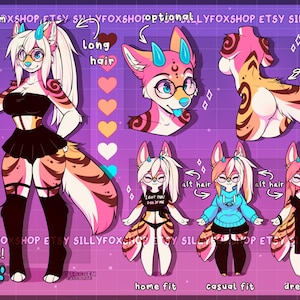 May include: A digital character reference sheet featuring an anthropomorphic fox with pink and white fur, blue horns, and glasses. The sheet displays various outfits including a black top and skirt, a blue hoodie, and a black dress, with colour swatches.