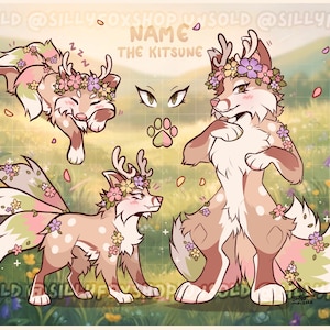 May include: A digital character reference sheet featuring a tan and white kitsune with antlers, multiple tails, and floral accents. The illustration includes three poses, a paw print, eye details, and a color palette strip with the text NAME THE KITSUNE.