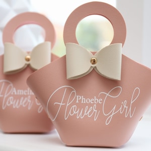 Personalised Flower girl bag. Pink with Ivory bow. The perfect flower girl gift, bridesmaid and bridal party gift.