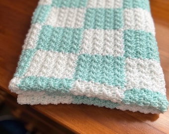 Miętowo-zielone kratki, kocyk dla dziecka, prezent na baby shower, ręcznie robiony kocyk dla dziecka, kocyk do wózka, szydełkowany afgan, afgan dla dziecka