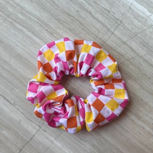 Checkered Scrunchie, Retro Scrunchie, Pink Hair Tie, Orange Hair Tie, Yellow Hair Elastic, Hair Elastic, Hair Accessory