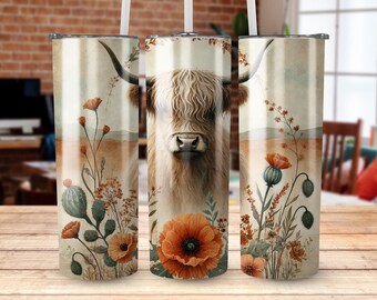 Highland Cow Boho Wildflower Tumbler Wrap PNG, Western Floral 20oz Sublimation Design, Digital Download