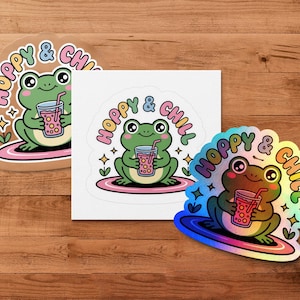 Cute Frog PNG, Pastel “Hoppy and Chill” Kawaii Frog with Bubble Tea Sticker Design for T-Shirts,Stickers &Tote Bags Digital Download Clipart
