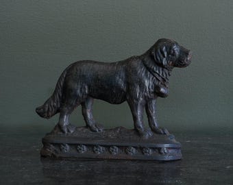 Antique Victorian Cast Iron Saint Bernard Doorstop with Rescue Barrel, Ca. 1890