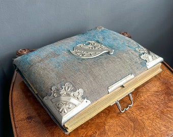 Antique Victorian photo album with unique silver embellishments, Victorian family photo album with metal clasps, old times collectible