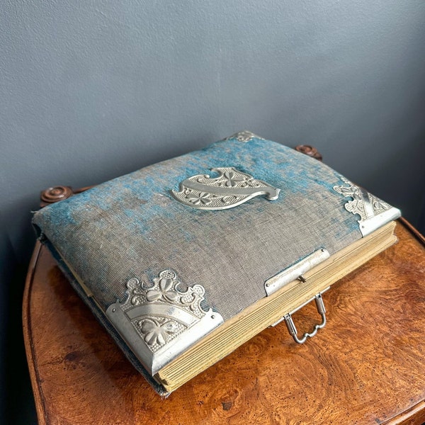 Antique Victorian photo album with unique silver embellishments, Victorian family photo album with metal clasps, old times collectible