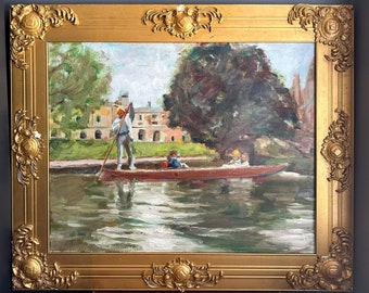 Landscape Oil Painting "Boat Ride On The Canal", Vintage Oil Painting In A Gold Antique Frame, Ornate Gold Frame Waterscape Oil Painting