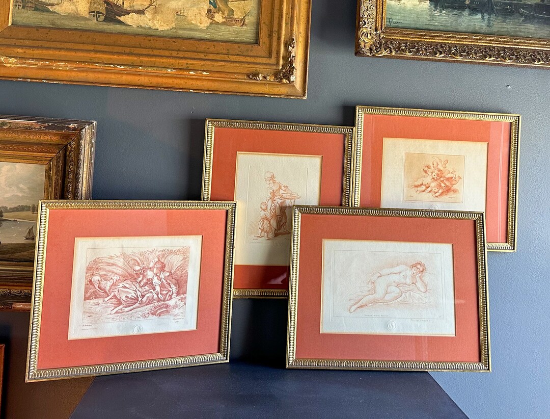 Vintage French Classical Print and Engraving, Gold Framed Classical