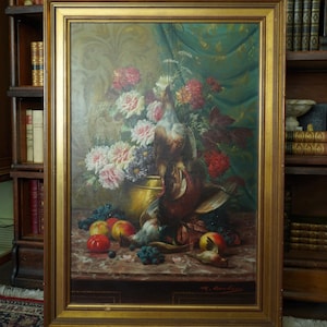 Antique Still Life Oil Painting Signed M. Carlier | Game Birds, Fruit & Flowers | Attrib Max Albert Carlier | Belgian Art | Style Wall Decor