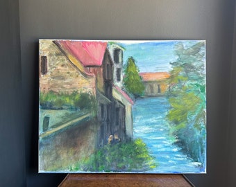 Vintage Canal Landscape Oil Painting, Unframed Waterscape Oil Painting, Original Artwork by Adeline Hoagland