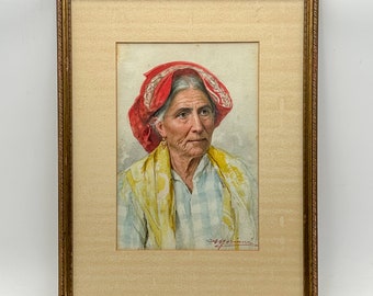 Signed "Portrait of an Italian Woman" Watercolor on Paper, Augusto Moriani Original Watercolor Portrait