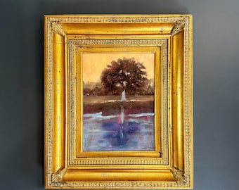 Large landscape oil painting "The Oak At The Du Pont Estate" SIGNED J. George (2002) in ornate gilt wood frame, Beautiful