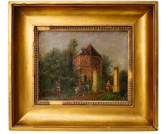 Antique French Oil Painting, Estate Gate Genre Scene, 19th Century Canvas