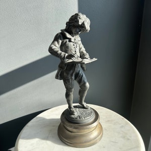 Antique Bronze Statue, Boy Sculpture Cast Metal, Sculpture of a Mail Boy Sketching, Child Statue Figurine Gift Idea