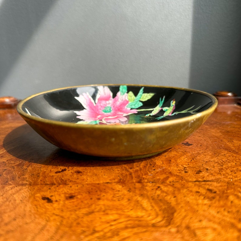Japanese Brass Encased Porcelain Catchall Dish, Handpainted